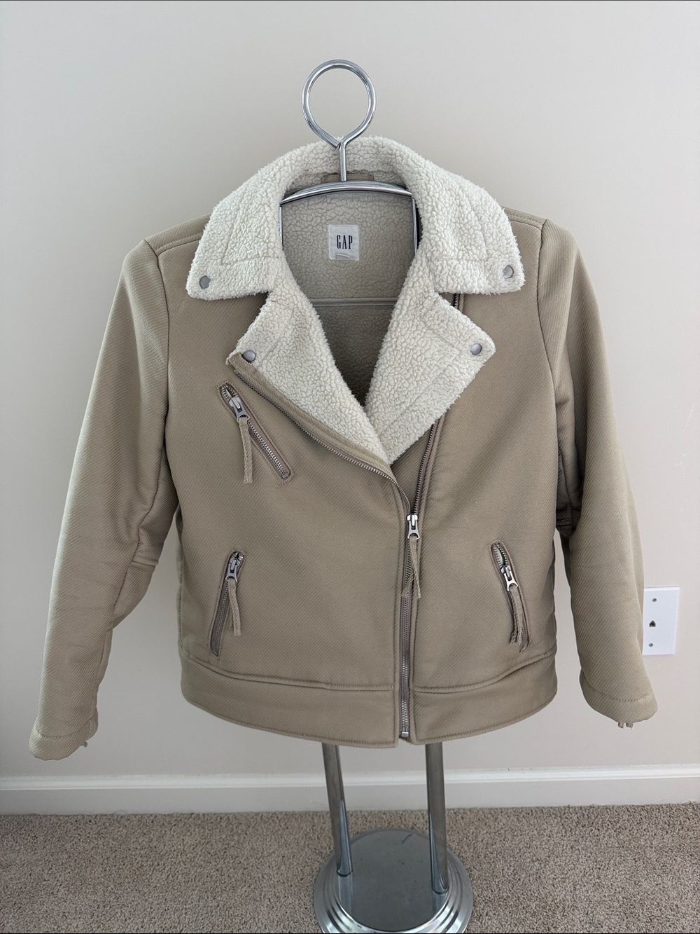 GAP Beige Moto Jacket with Cream Sherpa Collar